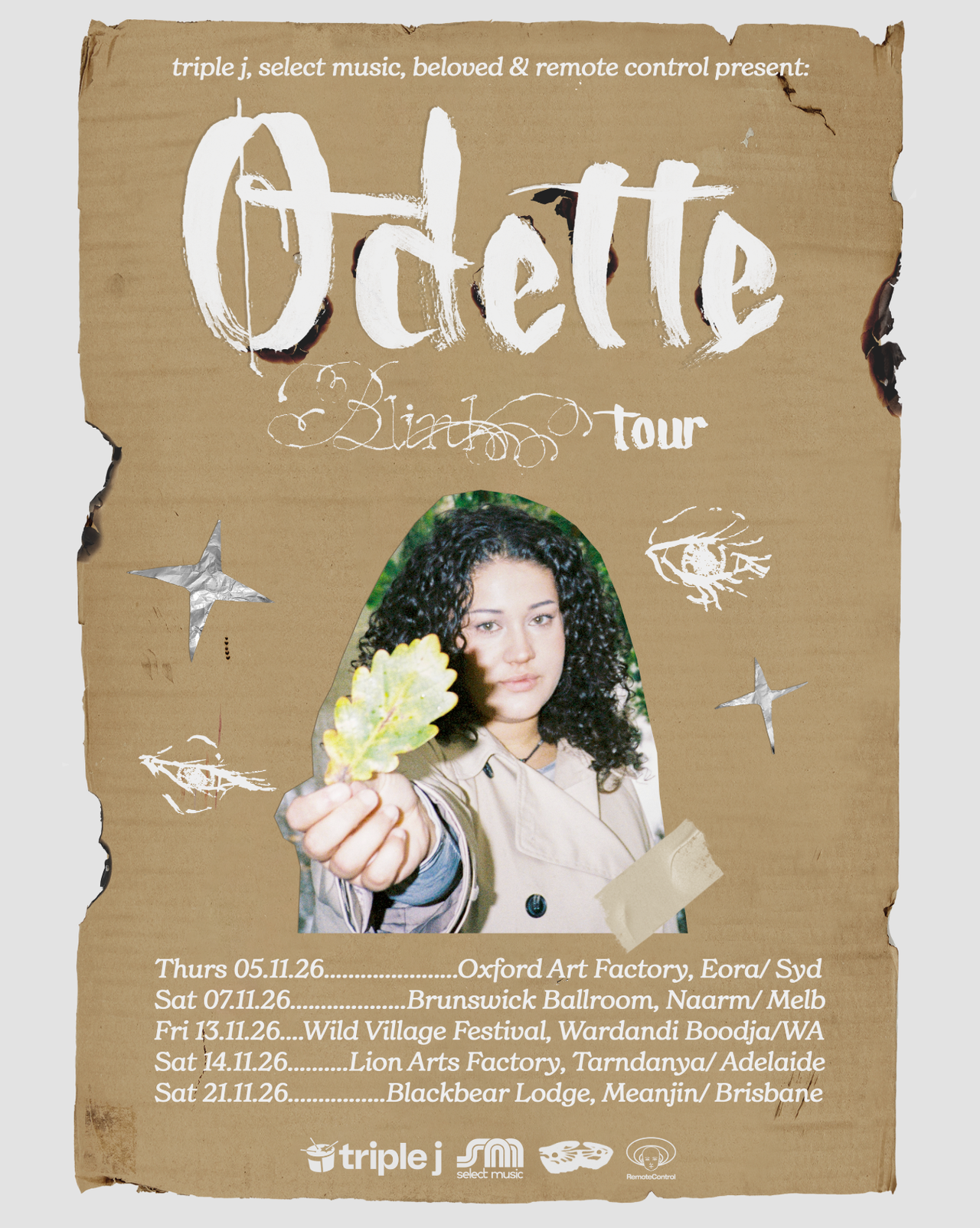 Odette Blink Tour poster on torn cardboard background showing Australian concert dates, venues, and photo of Odette holding a leaf.